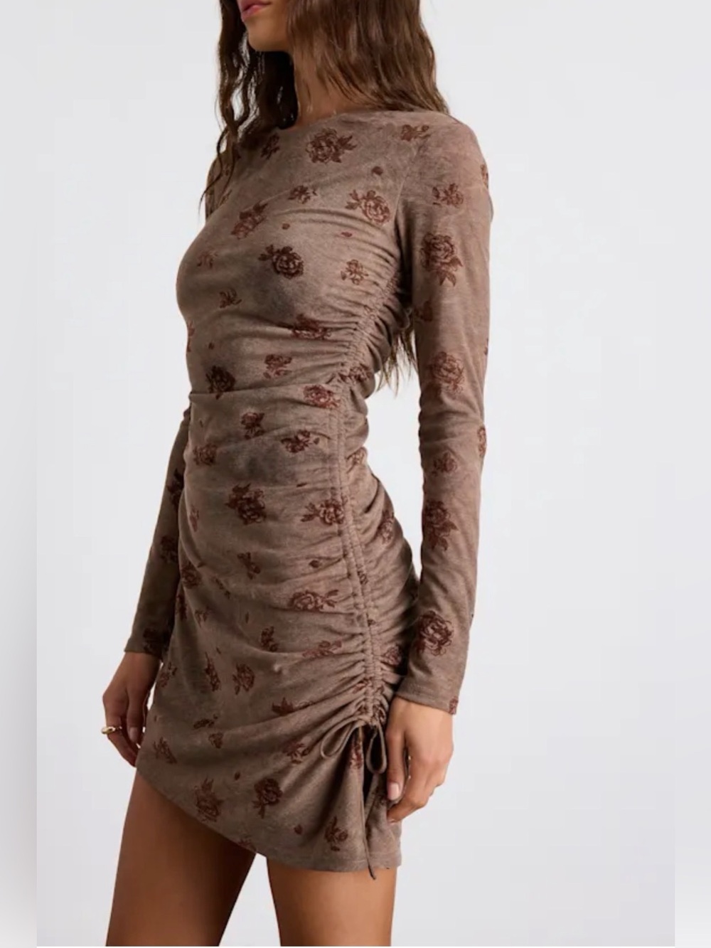NWT Lulu's Brown Floral Ruched Long-Sleeve Mini Dress Large